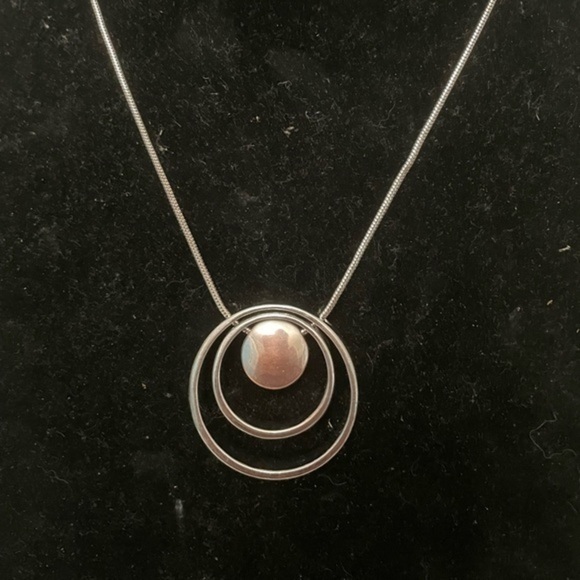 36” silver tone snake chain necklace with two open circles solid round pendant - Picture 1 of 10